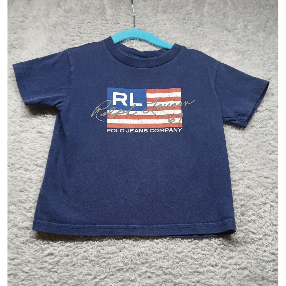 VTG Polo Ralph Lauren Boys Blue Flag Shirt Size 3T Americana USA Casual